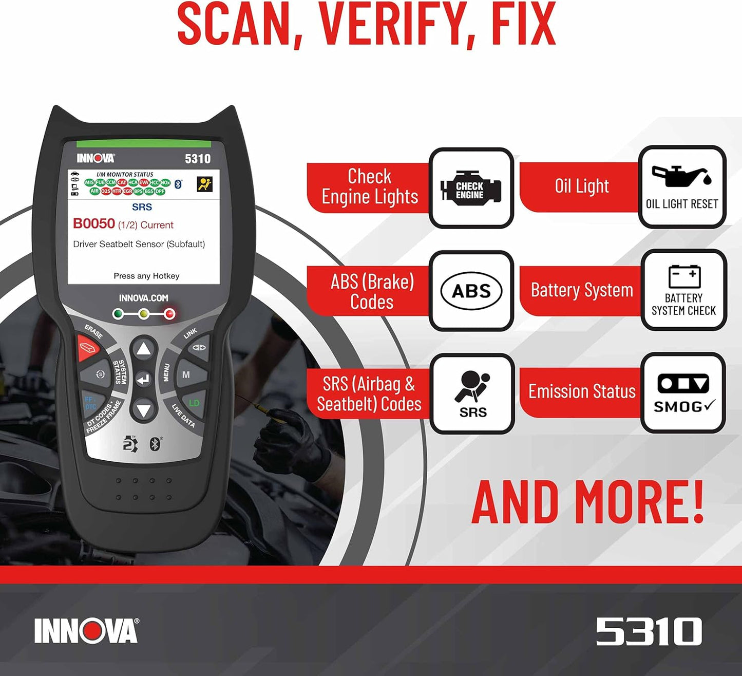 OBD2 Scanner for ABS & Airbag(SRS) with Battery/Alt Test, Oil Light Reset, and Live Data | 5310 Innova