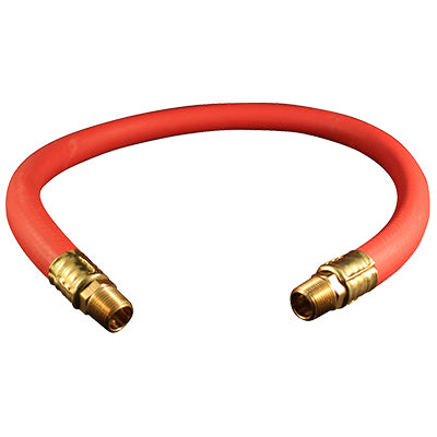 Absorbs shock to couplers from impact tools and/or air hammers. Length 2'. 1/2" ID hose. 3/8" NPT male fittings, both ends. 200 lb. working pressure.